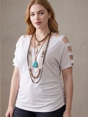 Women's Short Sleeve Cut Out Cold Shoulder Tops V Neck White T Shirt Large